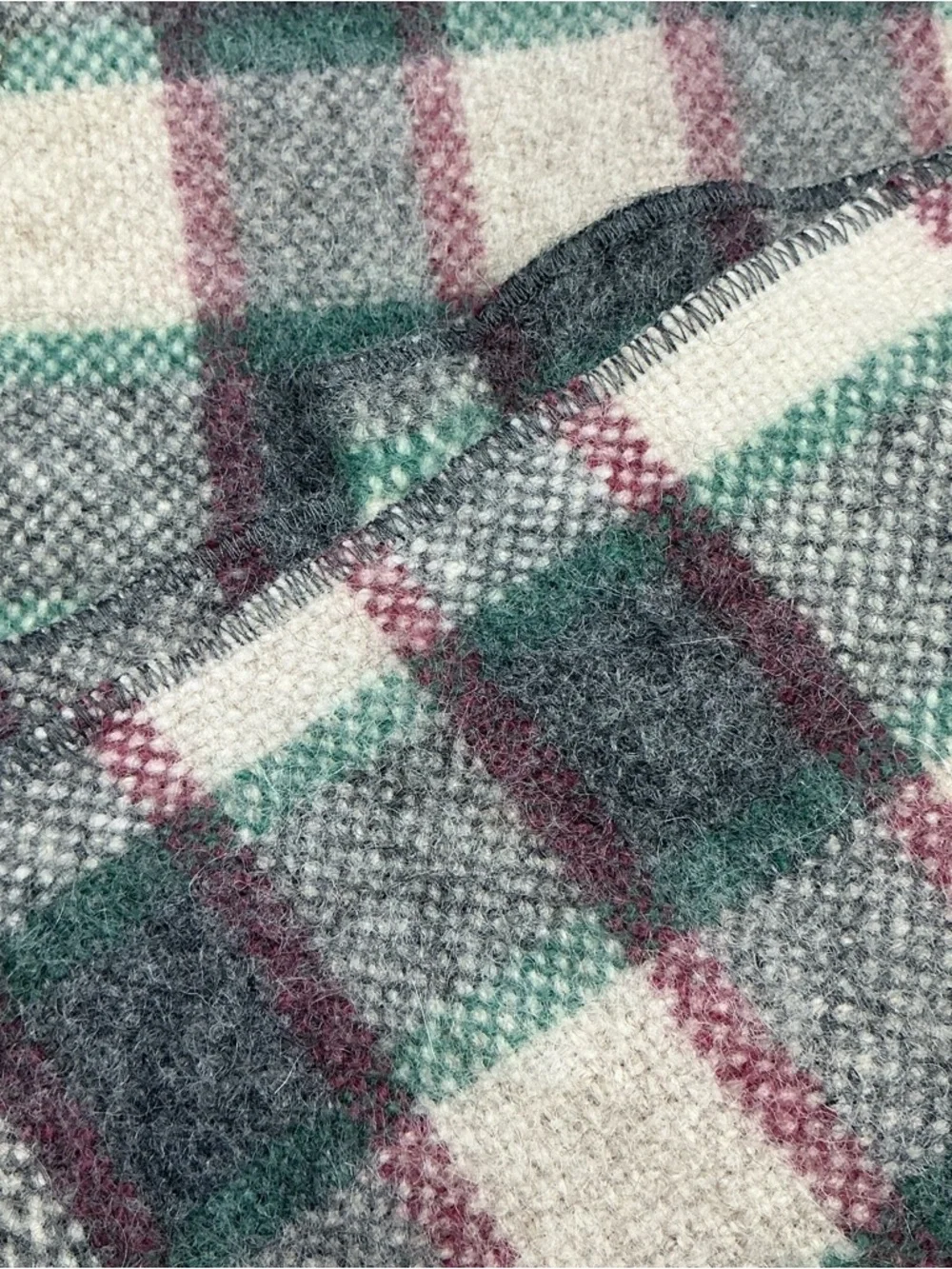 Vintage plaid red, cream, green and gray wool blanket 58x67